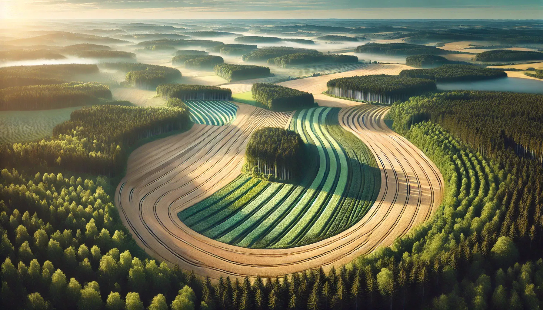 "An expansive landscape showing a mix of sustainable farmland with crop rotation patterns and responsibly managed forest areas, highlighting harmony between agriculture, forestry, and environmental conservation."