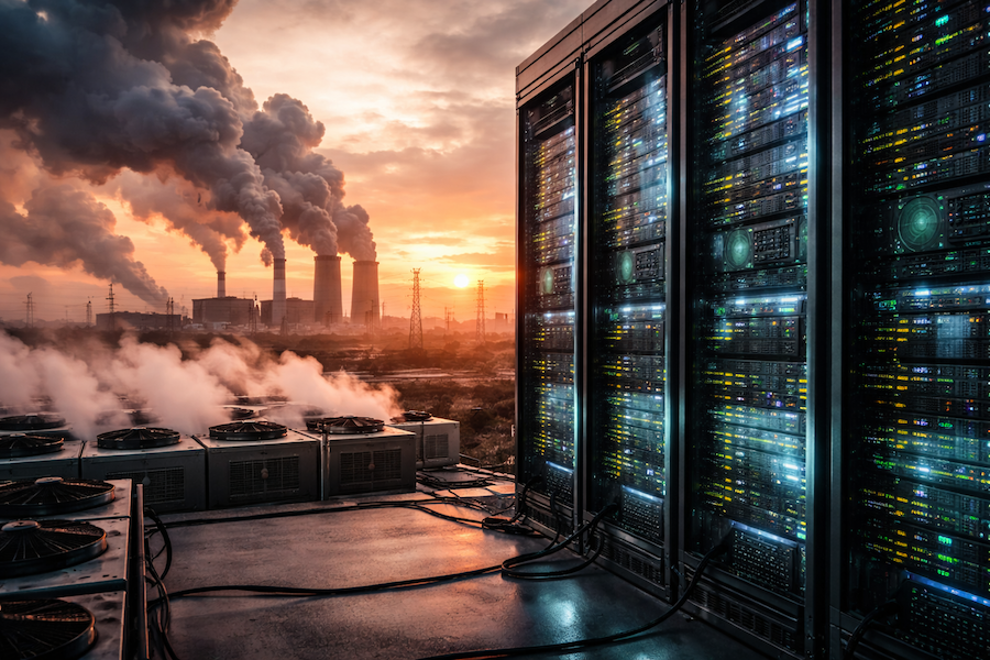 Datacenter med serverhall och kylaggregat som förbrukar mycket energi, med kraftverk och rökutsläpp i bakgrunden som symboliserar klimatpåverkan.